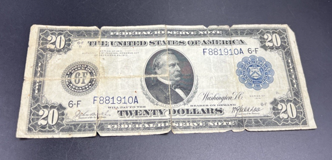 1914 $20 Large Size Twenty Dollar Federal Reserve Note Very Circulated Damaged