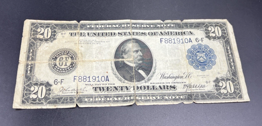 1914 $20 Large Size Twenty Dollar Federal Reserve Note Very Circulated Damaged