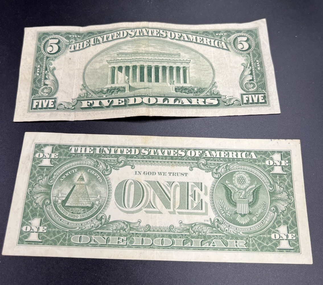 2 Note Lot 1957 1953 $1 & $5 Silver Certificates VG / F conditions #253