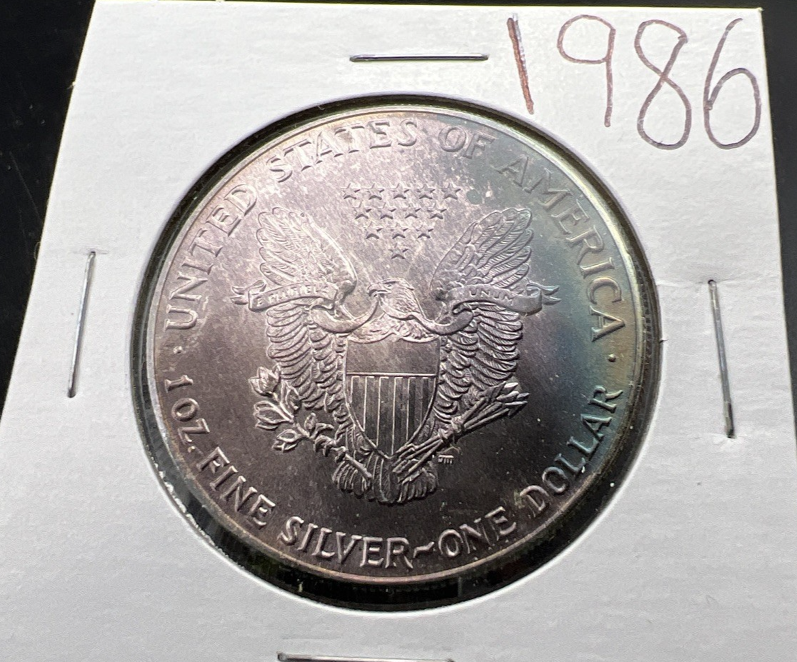 1986 1 Oz ASE American Silver Eagle Coin Gem BU UNC PQ Blue Toning Toner REV