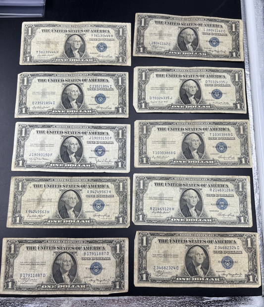 Lot of 10 1935 $1 One Dollar Silver Certificate Blue Seal Notes G / VG Circ #887