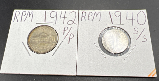 RPM Collector's set 1942 5c P/P & 1940 10c WWII Era Silver Coins Circ with RPM