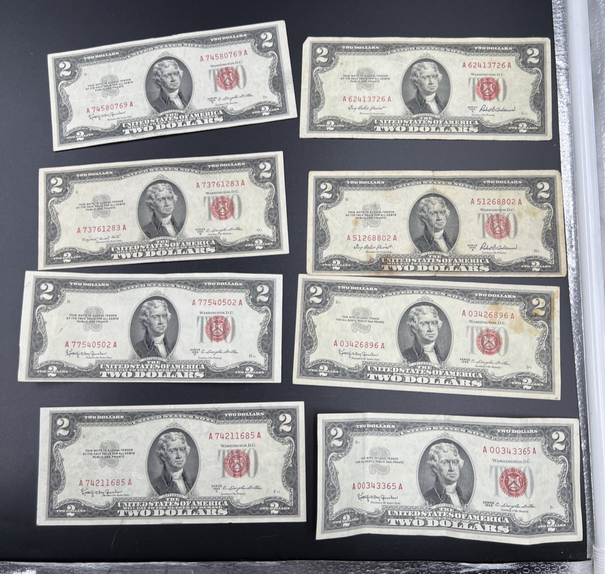 Lot of 8 1963 1953 $2 USN Red Seal Notes VG Fine Circ Red Seal Bills #685