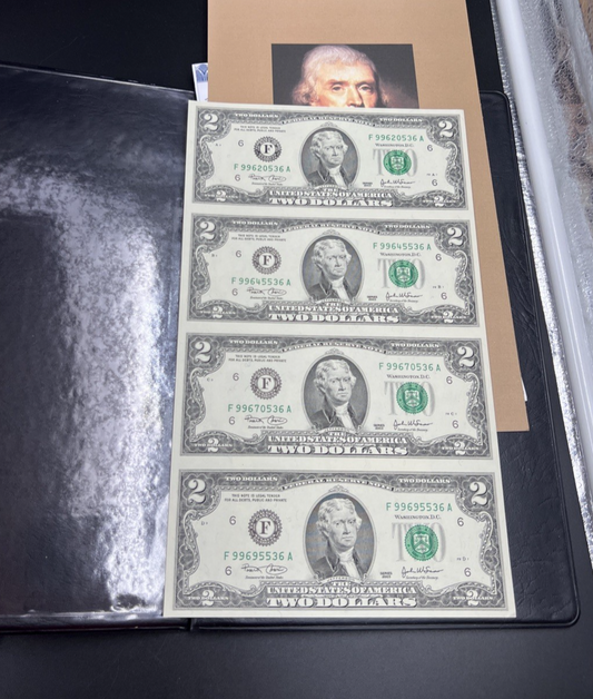 4 Note Souvenir Sheet 2003 US $2 Two Dollar FRN Federal Reserve Notes in Book #C