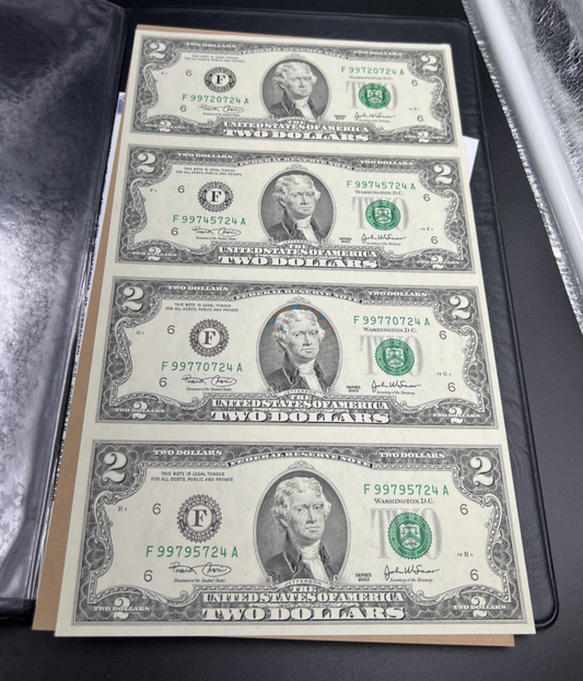 4 Note Souvenir Sheet 2003 US $2 Two Dollar FRN Federal Reserve Notes in Book #B