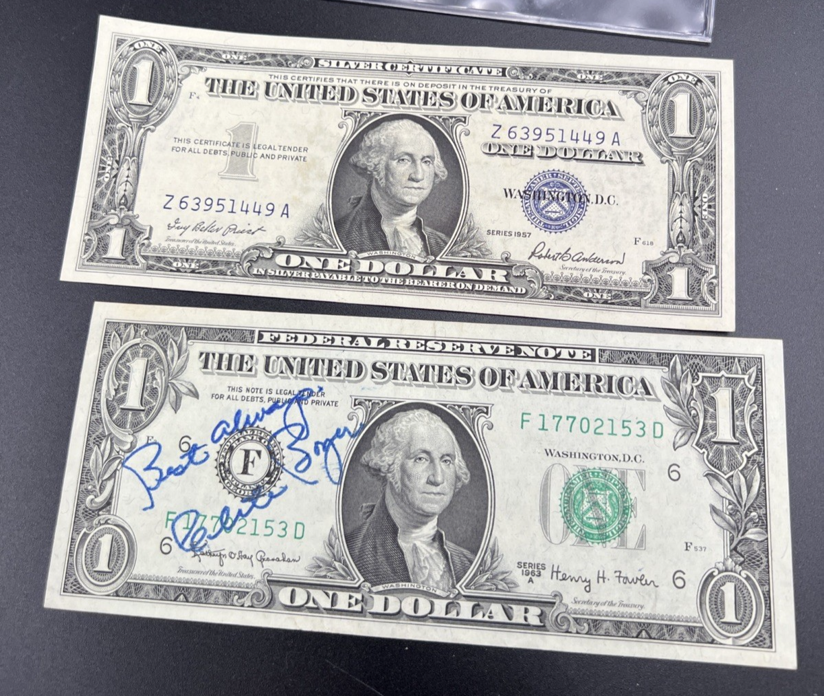 2 Note Dollar Collector Lot VF Detail 1963 A $1 Signed FRN & 1957 $1 Silver Cert