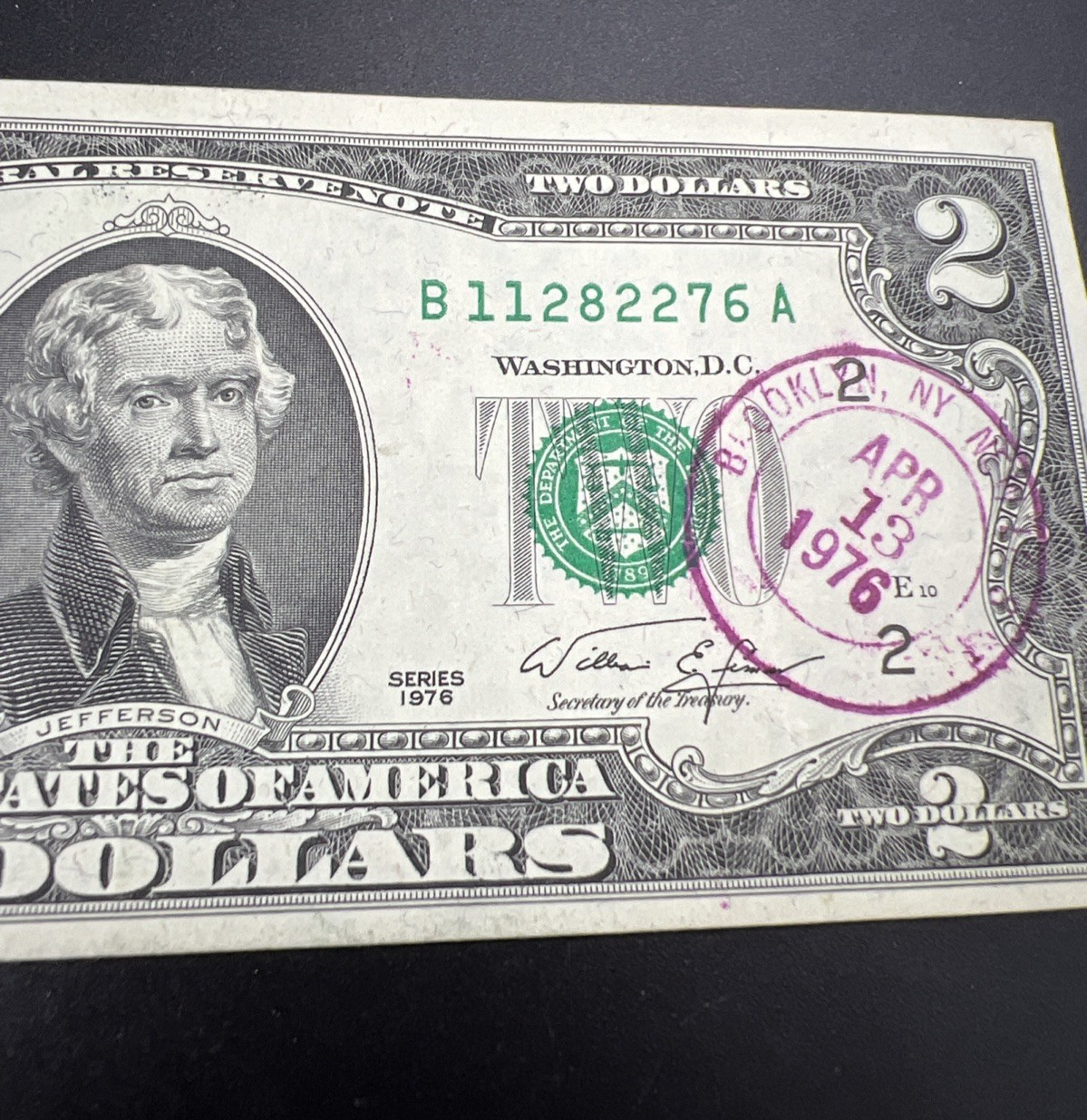 1976 $2 Two Dollar Bicentennial Bill Brookyln NY Postmarked (no Stamp) UNC #276