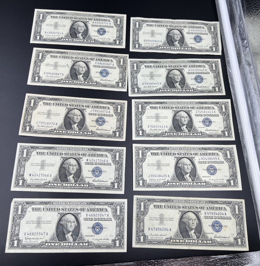 Lot of 10 1957 $1 Dollar Silver Certificate Blue Seal Notes Very Fine VF Circ #7