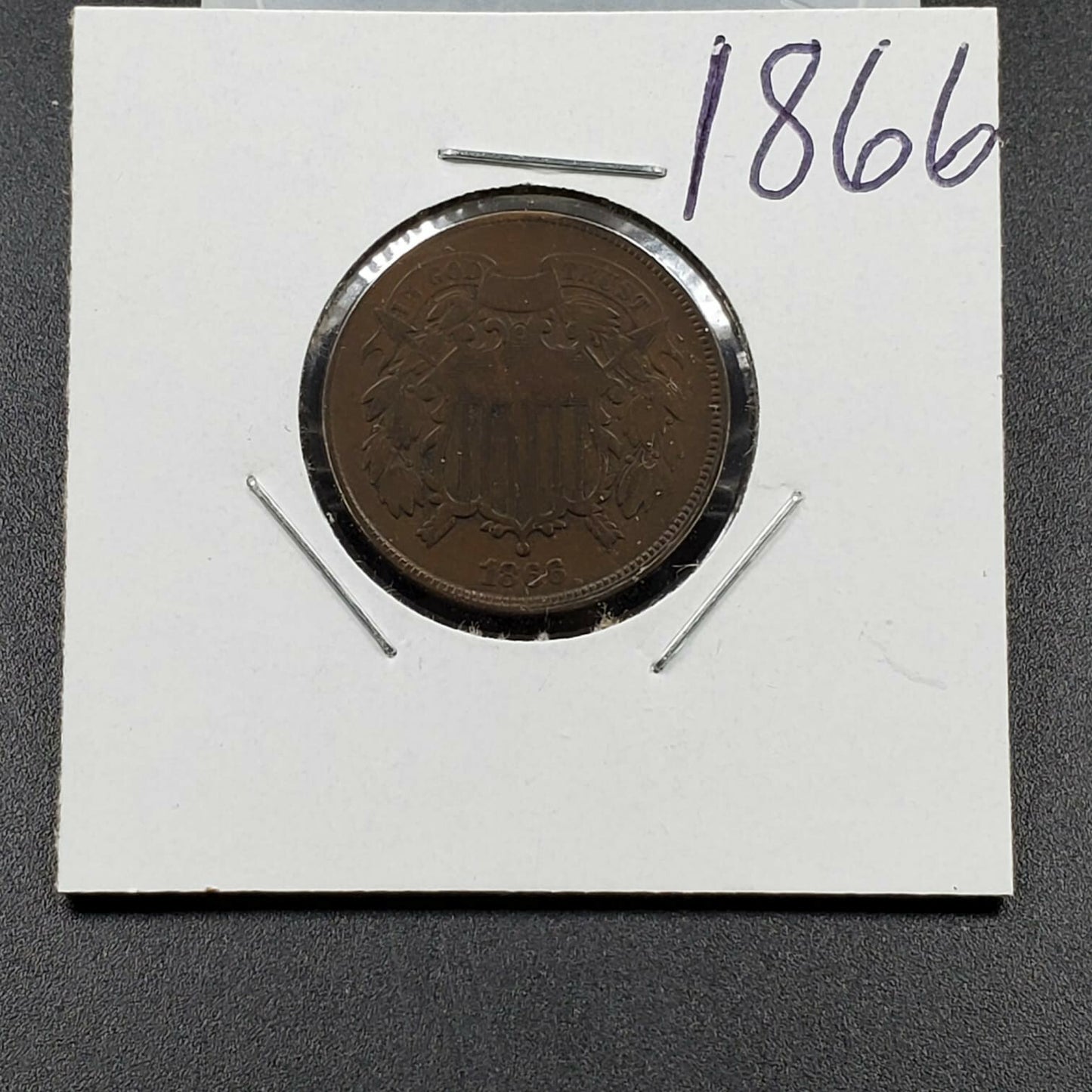 1866 2C Two Cent Copper Coin Piece Circulated Condition Slight Die Misaligned