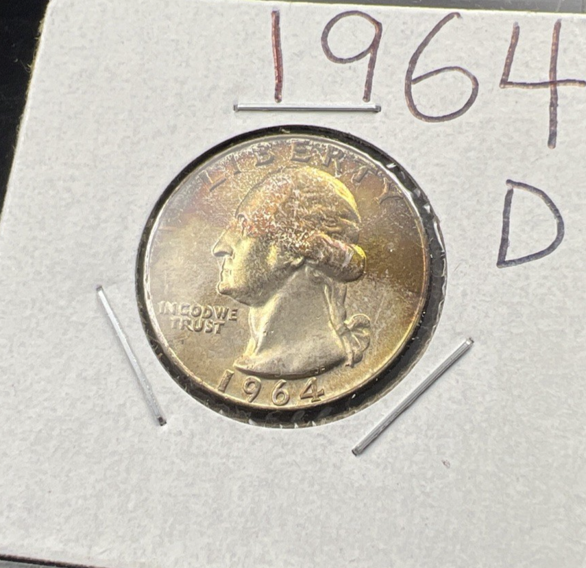 1964 D 25c Washington Silver Quarter Coin BU UNC Neat Toning Toner #a