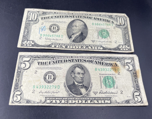 FRN Collector's Lot 1950 B $5 & 1950 D $10 Federal Reserve Note Bills Very Circ