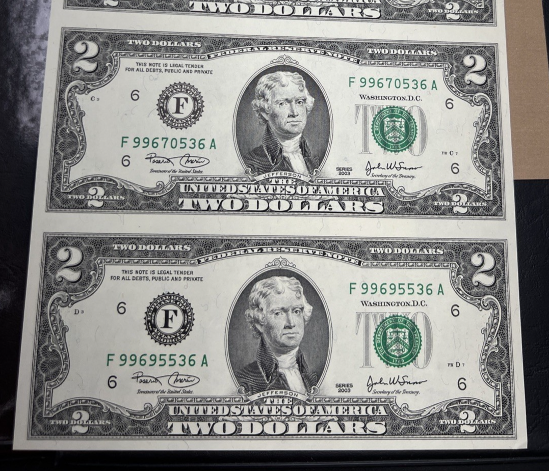 4 Note Souvenir Sheet 2003 US $2 Two Dollar FRN Federal Reserve Notes in Book #C