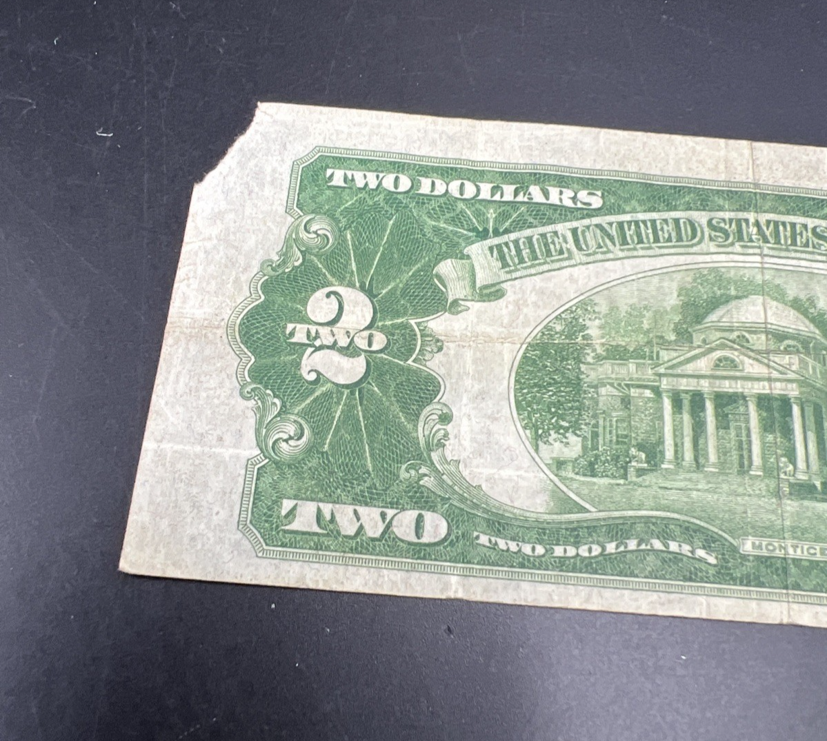 1928 C $2 USN United States Note Red Seal Fine Details Corner Tear #94