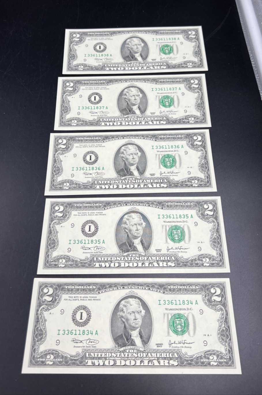 5 Consecutive 2003 $2 FRN Federal Reserve Notes Neat Serial Numbers #336