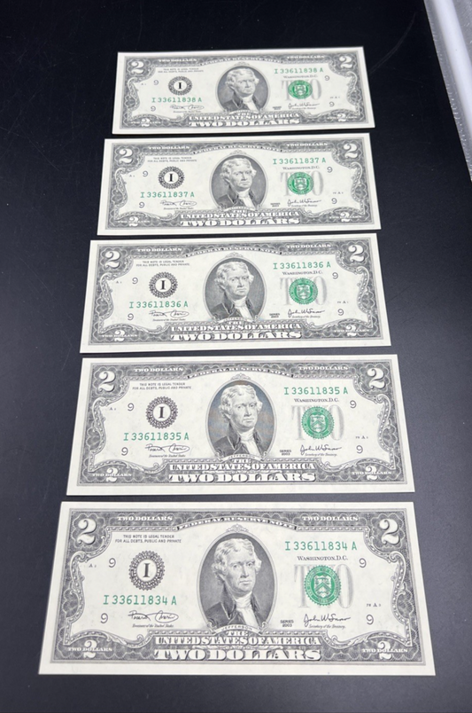 5 Consecutive 2003 $2 FRN Federal Reserve Notes Neat Serial Numbers #336