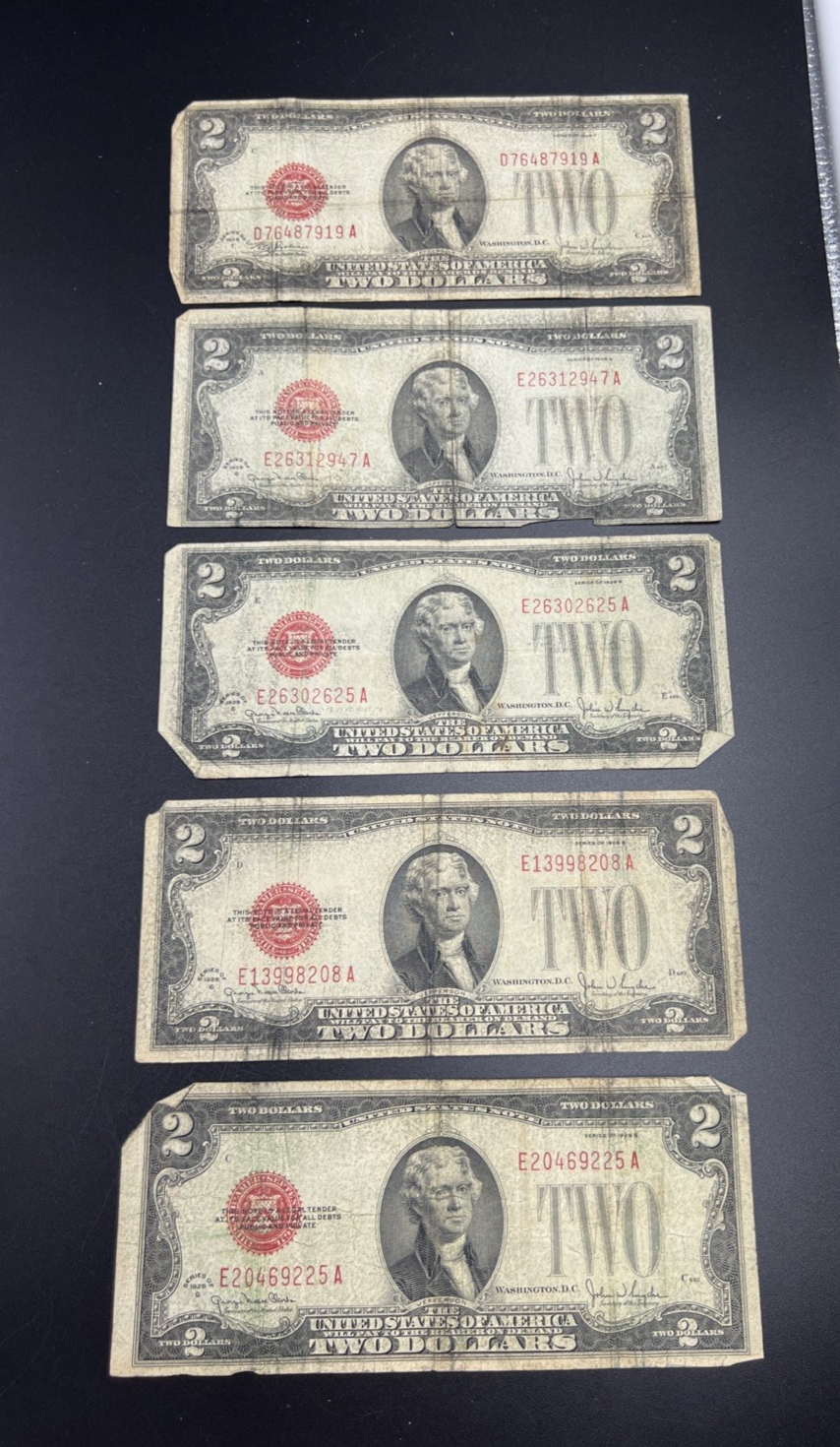 Lot of 5 1928 $2 Two Dollar USN United States Notes Red Seal Very Circulated #25