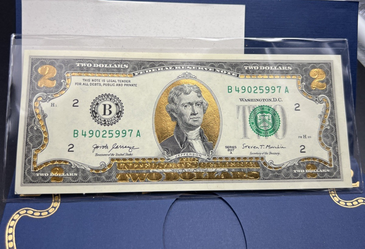 Golden Enhanced 2017 A 2 Two Dollar Federal Reserve Note Uncirculated