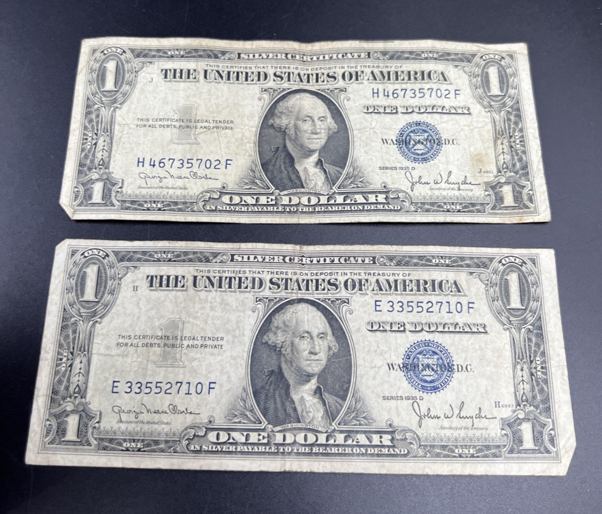 2 Note Lot 1935 D Wide & Narrow Margin US Silver Certificate Variety Set VG Circ