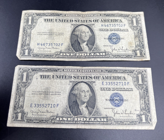 2 Note Lot 1935 D Wide & Narrow Margin US Silver Certificate Variety Set VG Circ