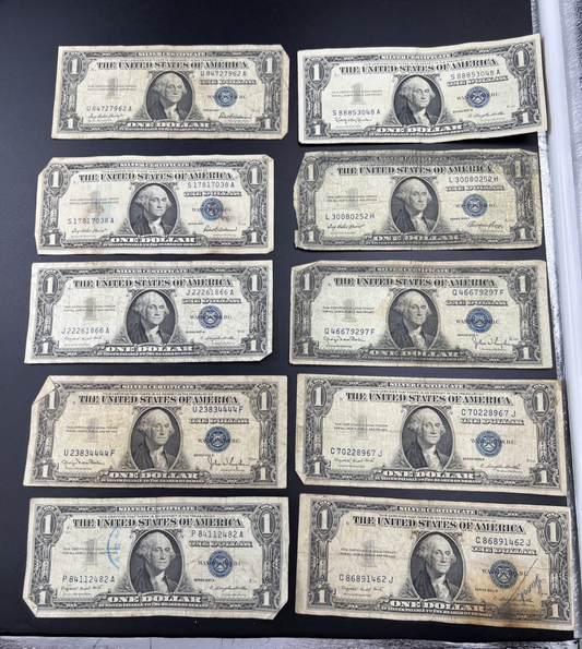 Lot of 10 VERY CIRC 1957 1935 $1 Dollar Silver Certificate Blue Seal Notes #82