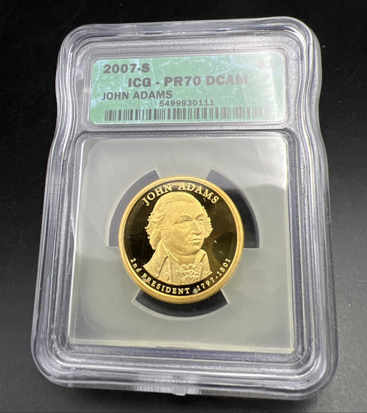 2007 S $1 John Adams Proof Presidential Dollar Coin ICG PR70 DCAM #111