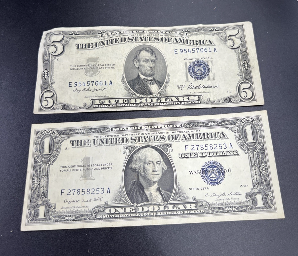 2 Note Lot 1957 1953 $1 & $5 Silver Certificates VG / F conditions #253