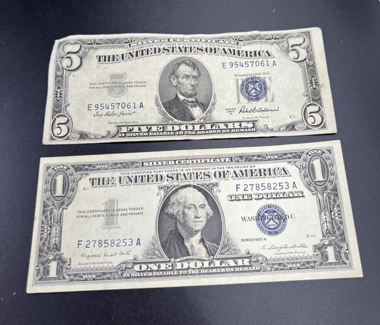 2 Note Lot 1957 1953 $1 & $5 Silver Certificates VG / F conditions #253
