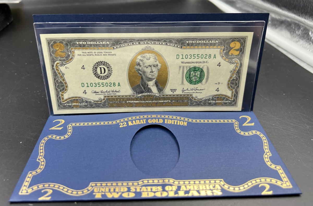 2003 $2 FRN Two Dollar Bill Federal Reserve Note Enhanced Golden CH UNC #028