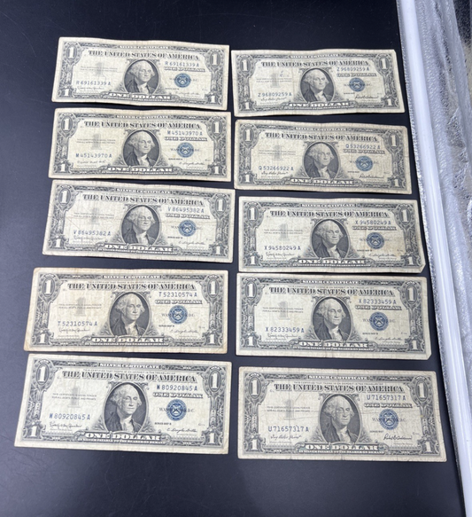Lot of 10 1957 $1 One Dollar Silver Certificate Blue Seal Notes G / VG #845