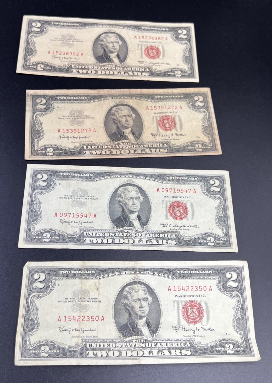 Lot of 4 1963 $2 Two Dollar USN United States Notes Red Seal Very Circ #50