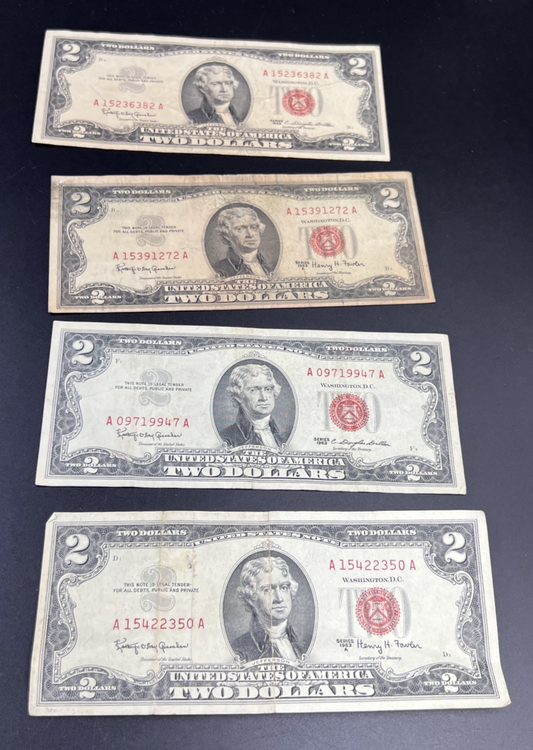 Lot of 4 1963 $2 Two Dollar USN United States Notes Red Seal Very Circ #50