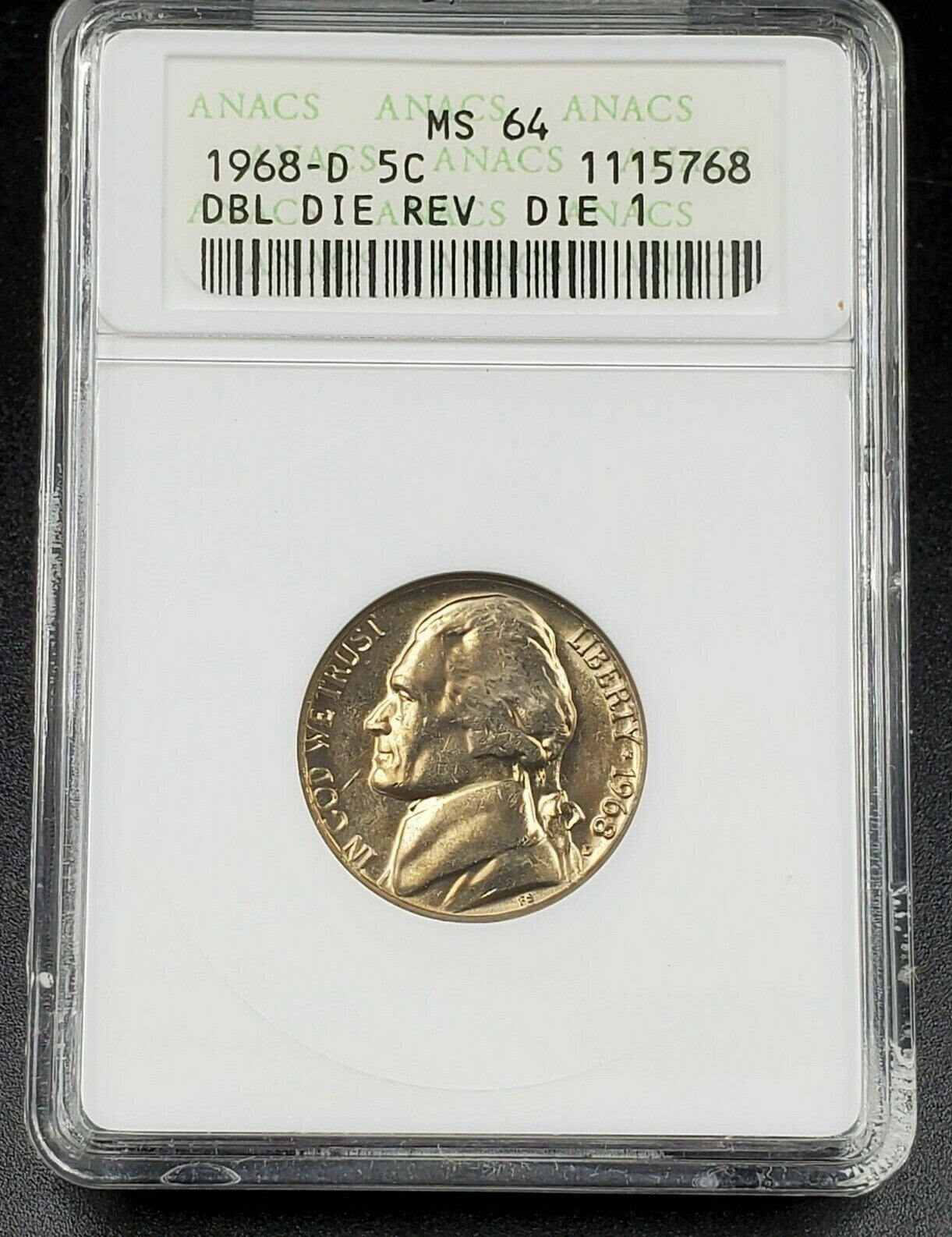 1968 D 5c Jefferson Nickel Variety ANACS MS64 DDR 001 Double Die Reverse DMR-008