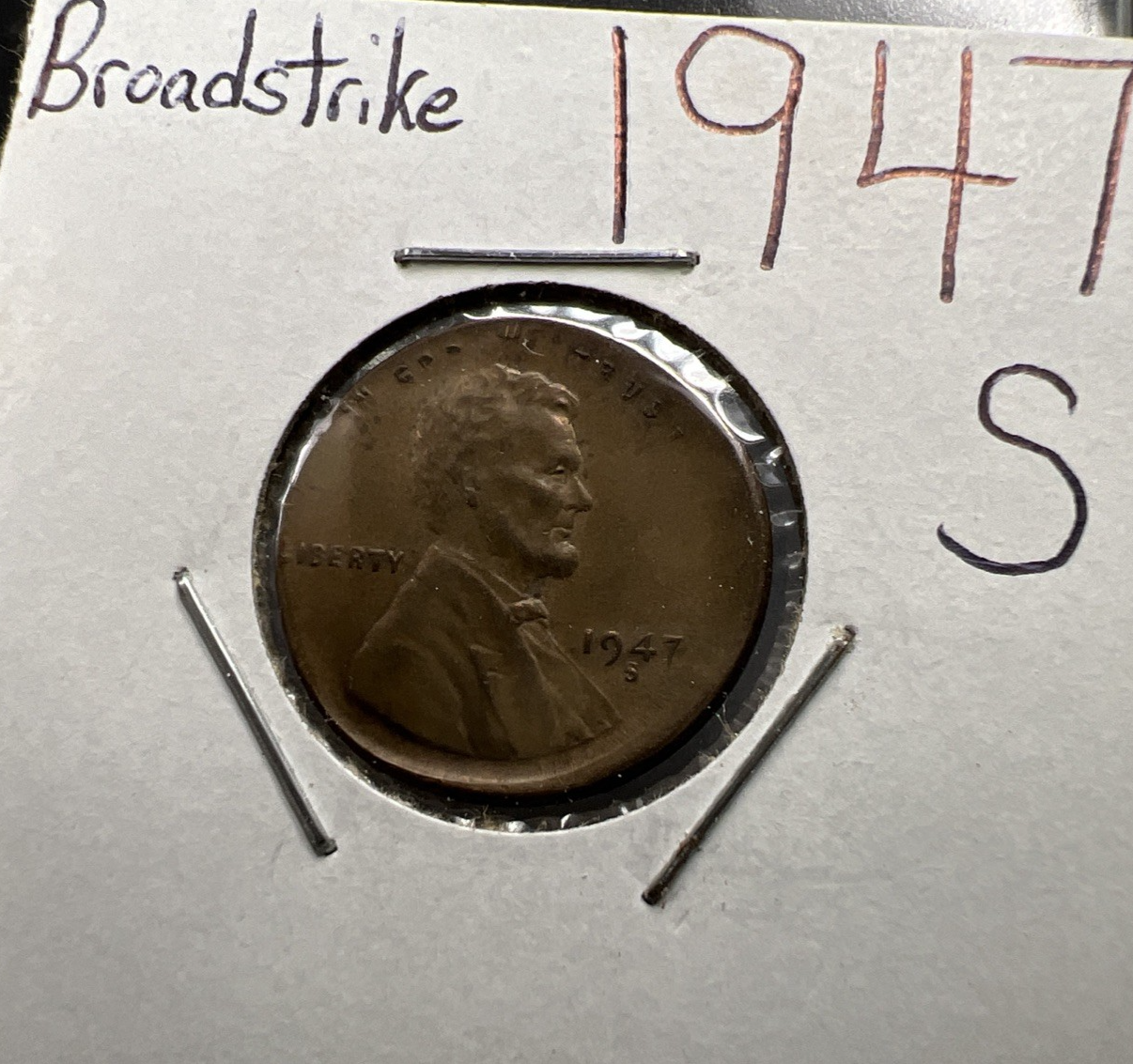 1947 S 1c Lincoln Wheat Cent Penny Broadstrike Error VF Circ