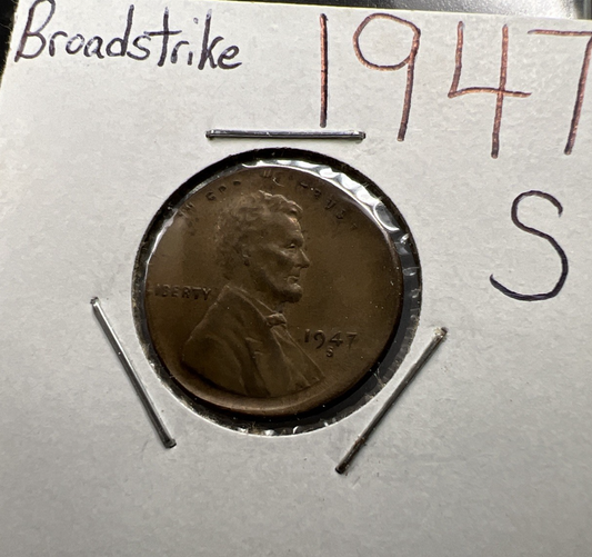 1947 S 1c Lincoln Wheat Cent Penny Broadstrike Error VF Circ