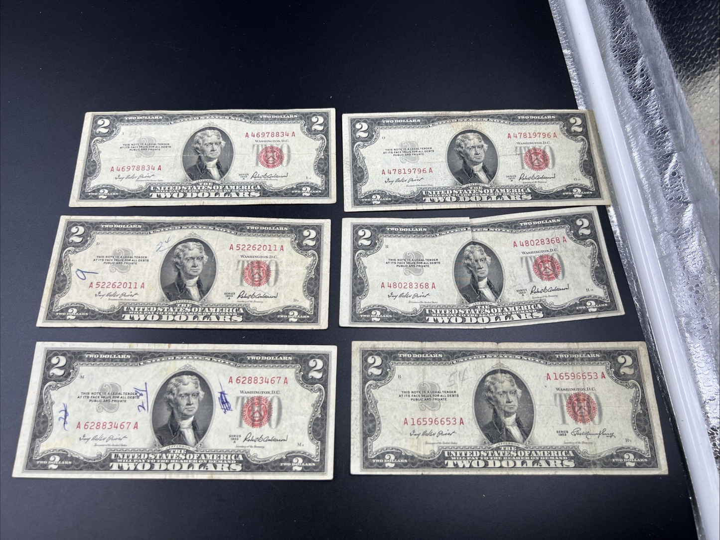 Lot of 6 1953 $2 USN Red Seal Legal Tender Bills Very Circulated #467