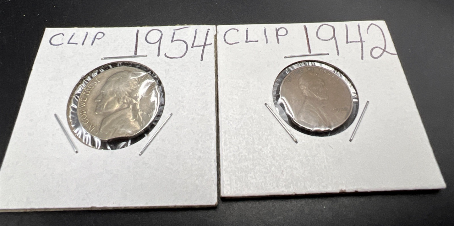Clipped Planchet Collector's Lot 1954 5c & 1942 1c Circulated SK#a