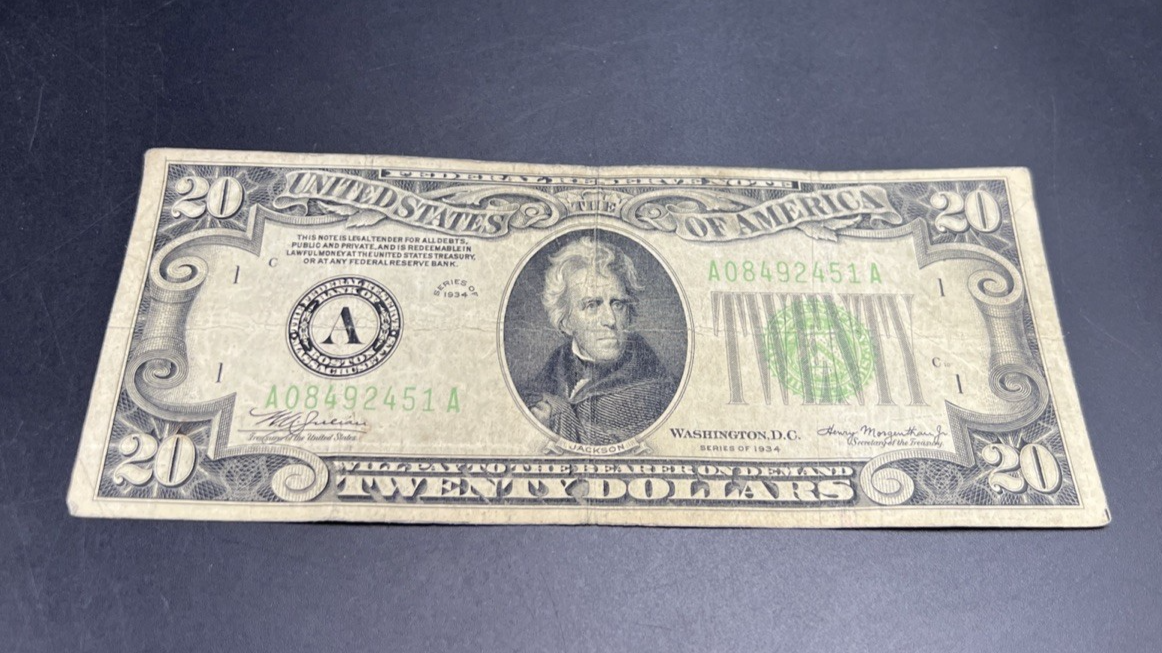 1934 $20 FRN Federal Reserve Note Green Seal VG Very Good Circ #451