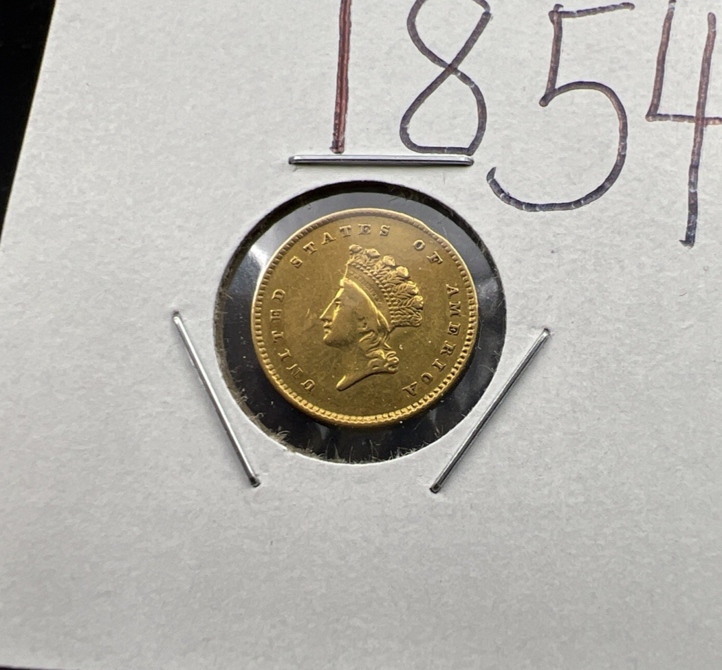 1854 G $1 Gold One Dollar Type 2 Indian Princess Head VF Details Rim Damage