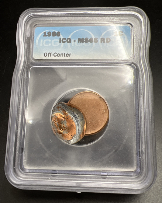 1986 P 1c Major Off Center Error Lincoln Memorial Cent Penny Coin ICG MS65