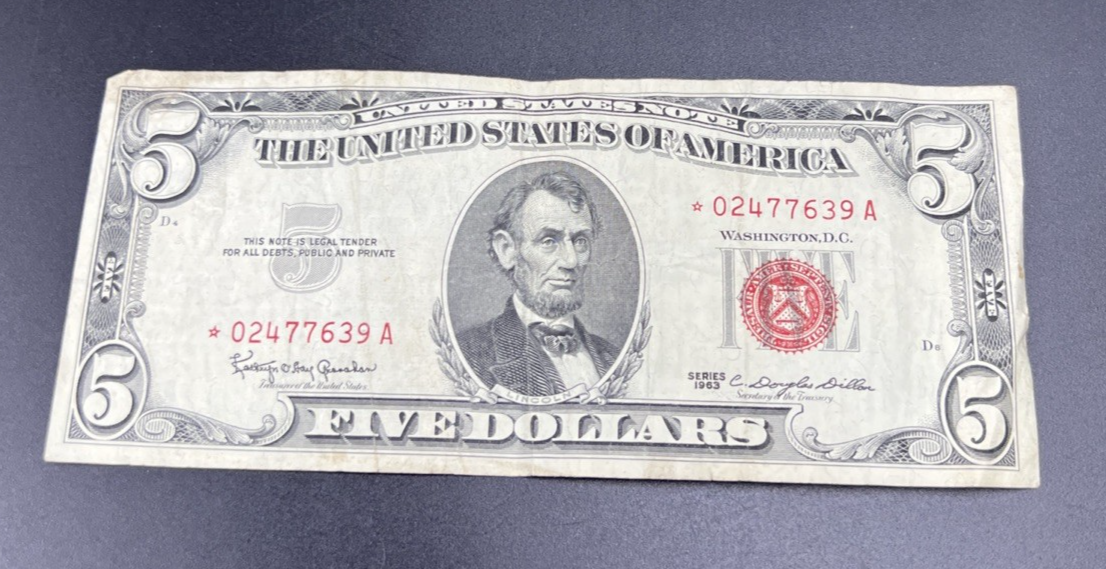 1963 $5 * Star Five Dollar USN United States Note Fine Circ #639