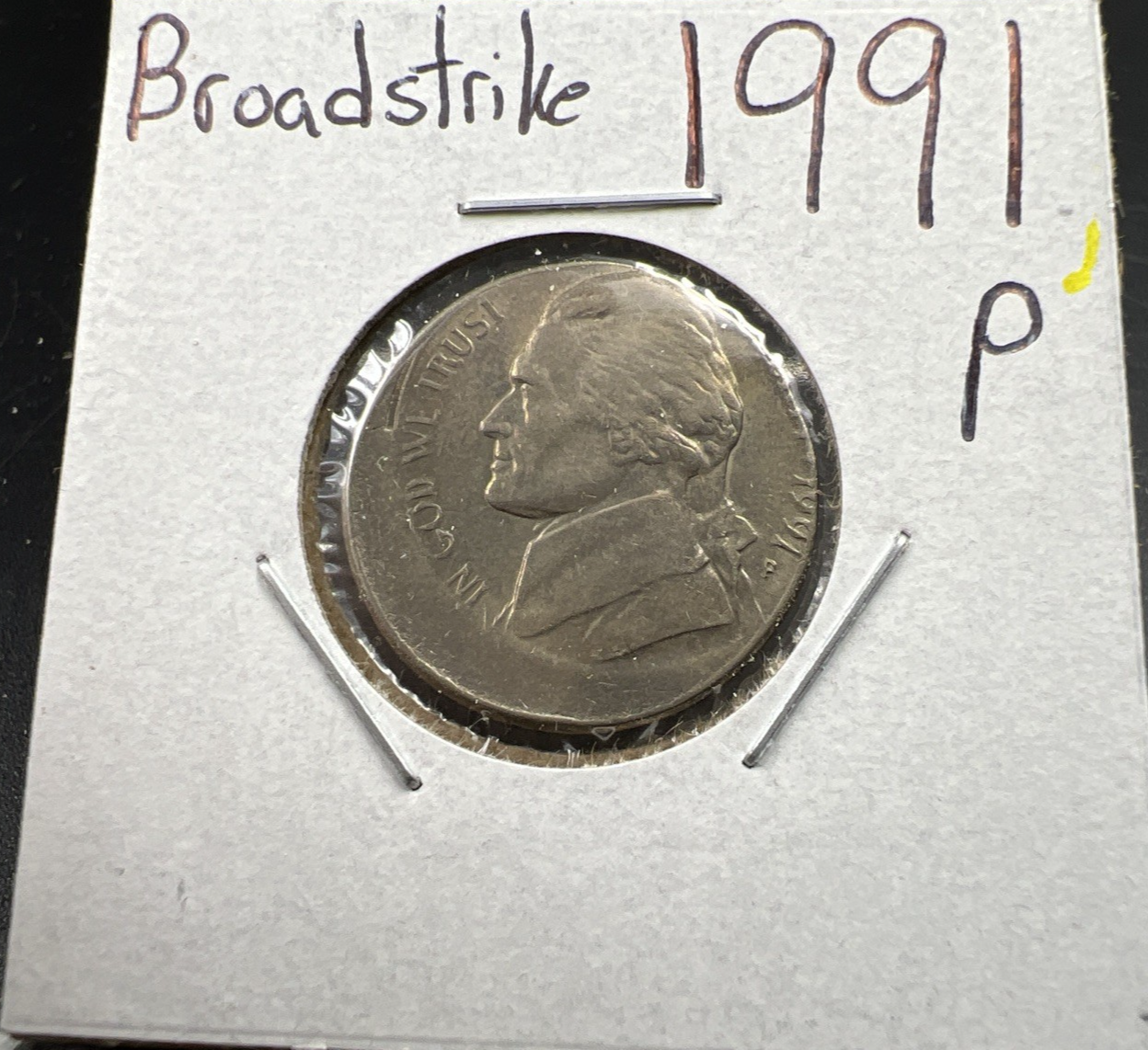 Off Center Broadstrike 1991 P 5c Jefferson Error Nickel XF EF Extra Fine Circ