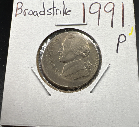 Off Center Broadstrike 1991 P 5c Jefferson Error Nickel XF EF Extra Fine Circ