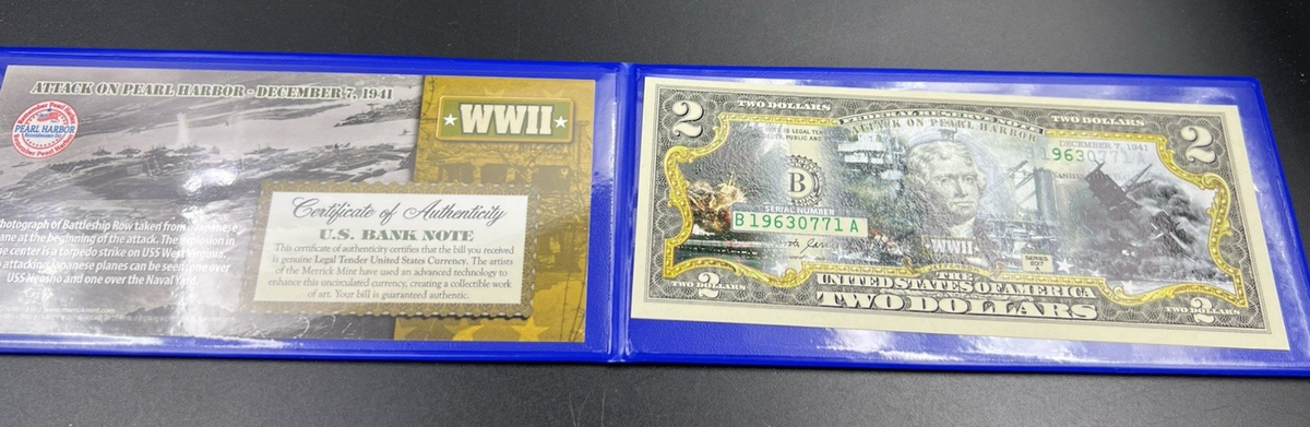 Pearl Harbor Colorized Enhanced 2017 A 2 Two Dollar Federal Reserve Note Unc #7