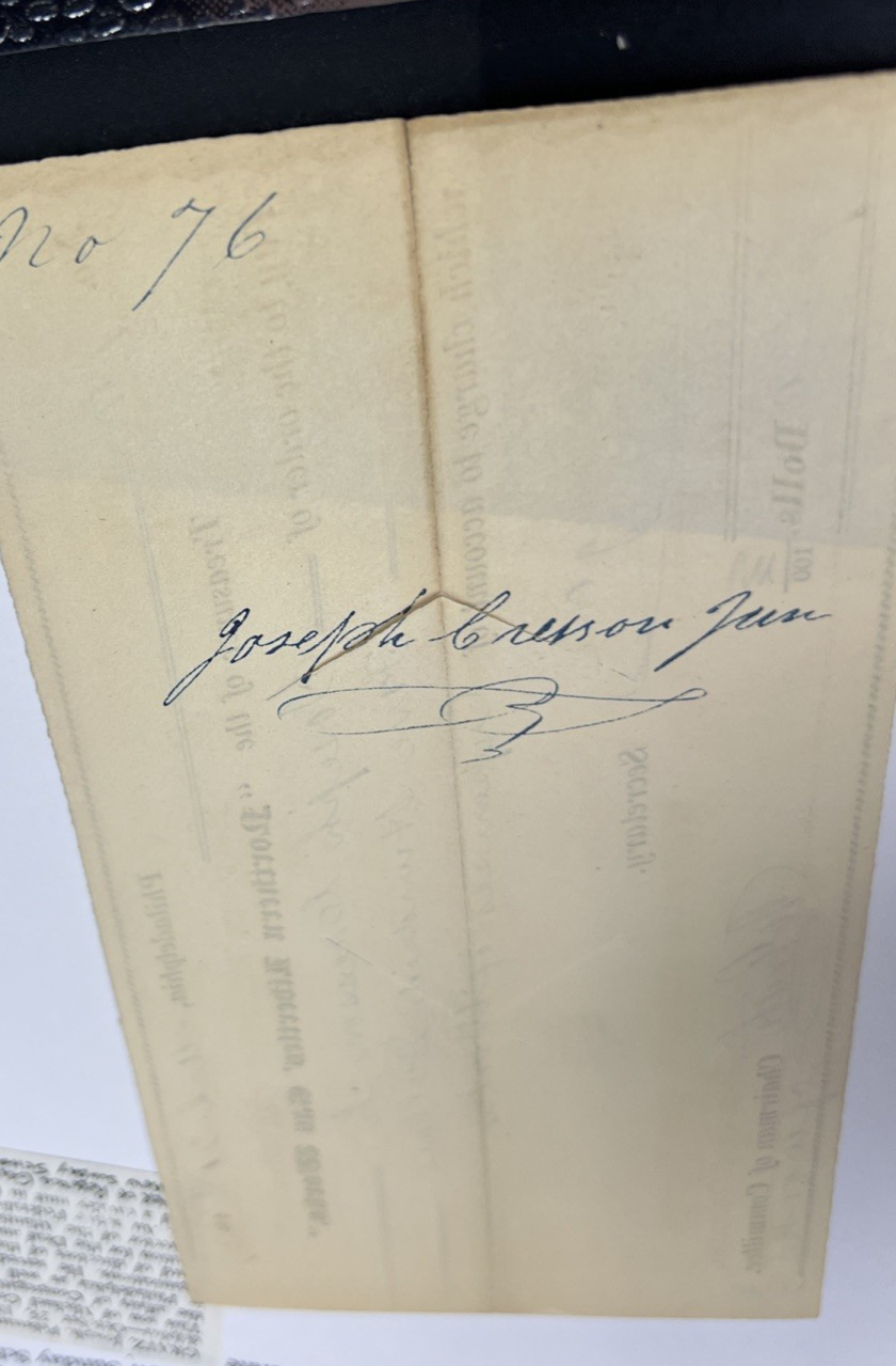 1839 Joseph Gratz Hand Autographed Endorsed for Collection Check