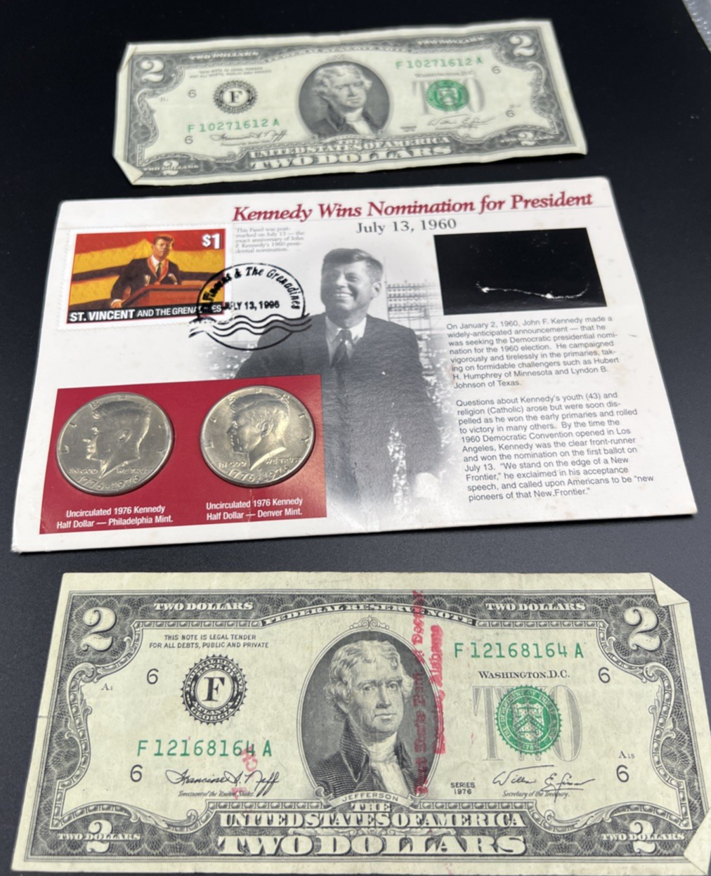 1976 Collector's Lot P D Kennedy Half 50c Set & 2x $2 FRN Two Dollar Bills Circ