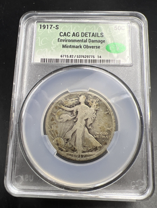 1917 S Obverse MM 50c Walking Liberty Silver Half Dollar Coin CAC AG Details