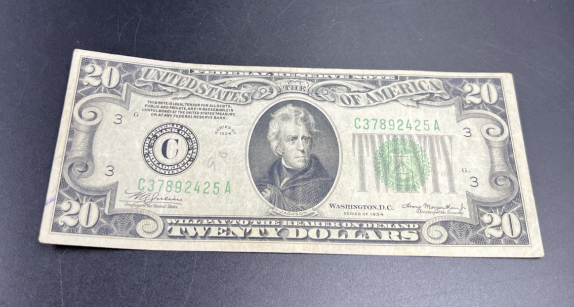 1934 $20 FRN Mule Federal Reserve Note Fine Circ Philadelphia District #25