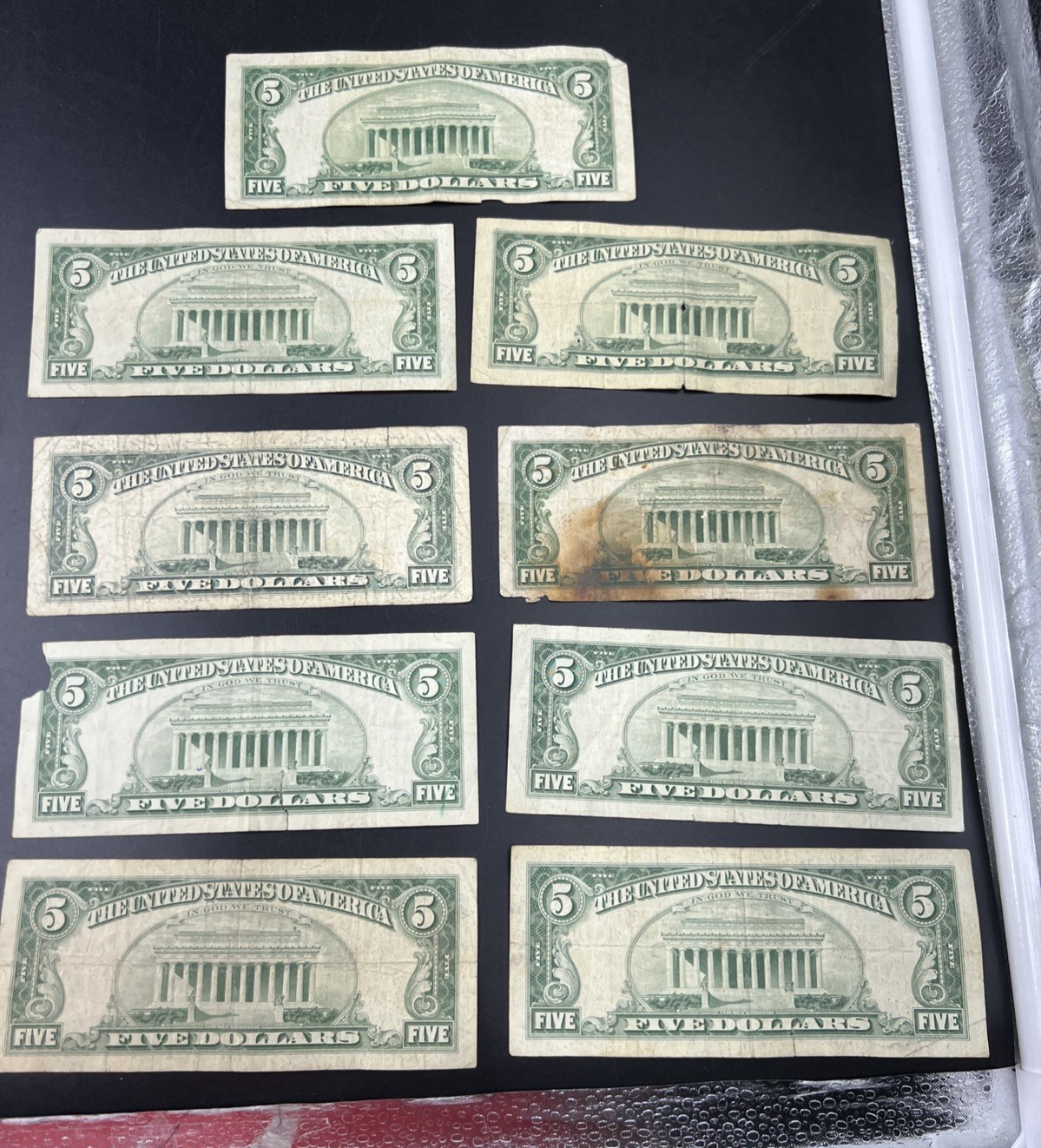 $5 Bill collector's Lot 9 US Bills - Very Circ 7 1963 USN 1 1995 FRN 1 1934 $5
