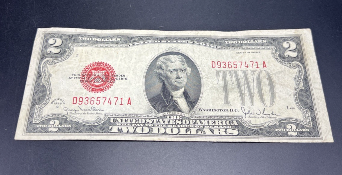1928 G $2 Two Dollar Legal Tender United States Red Seal Note VF Very Fine #471