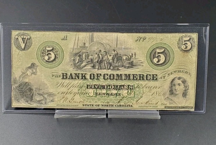 1860 The Bank Of Commerce Newbern NC $5 Dollar Obsolete Banknote